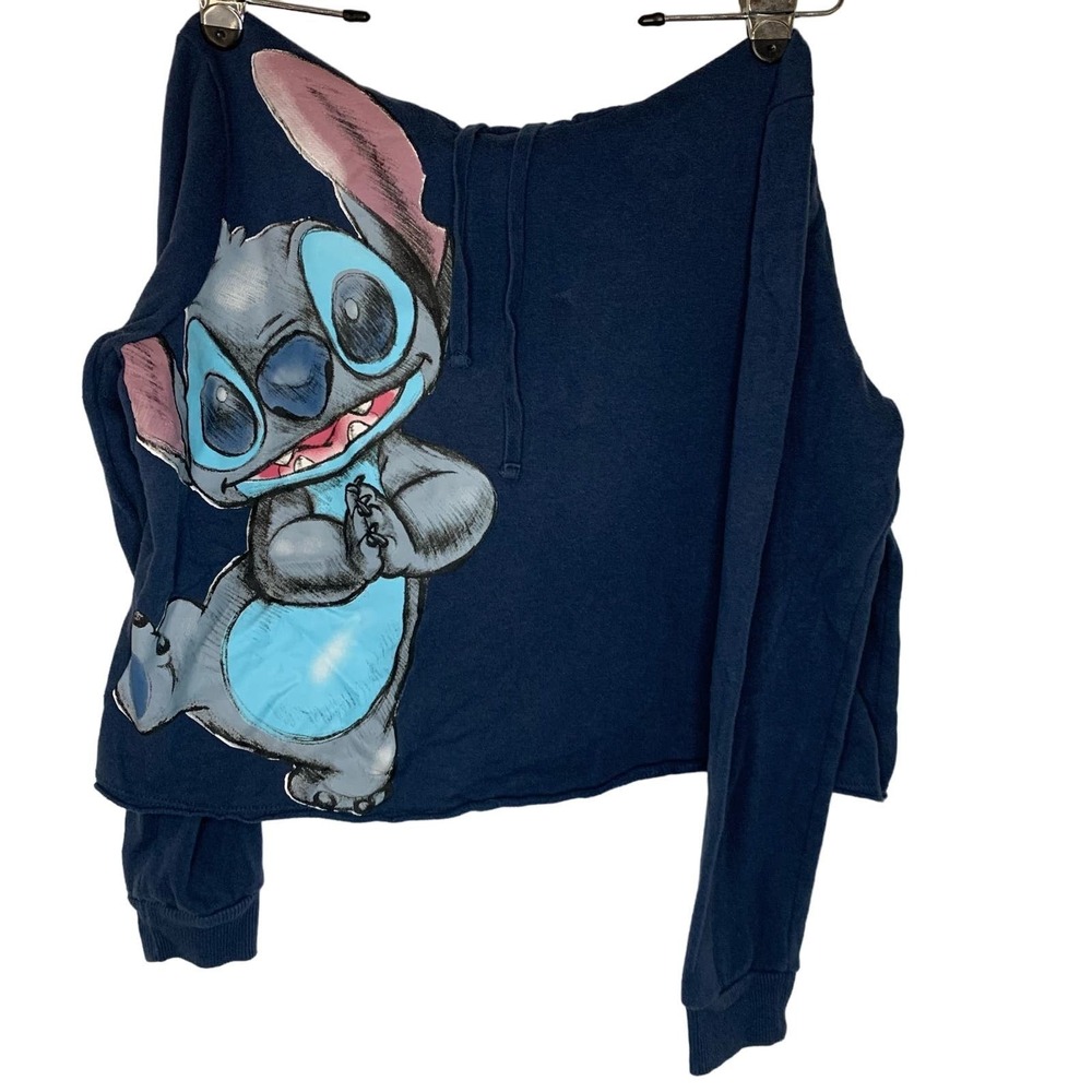Disney Stitch Cropped Sweatshirt Women XL Hoodie Navy Blue Long‎ Sleeve Cute